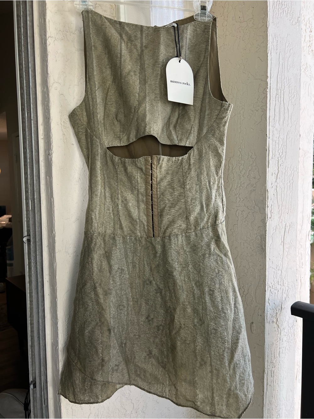 Mistress Rocks Printed Khaki Cutout corset Mini Dress - Picture 3 of 7